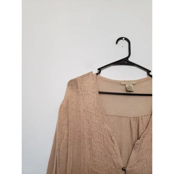 Relais Women XL Sweater Tan Linen Cotton Lightweight Long Button Neck Semi Sheer - Picture 4 of 6